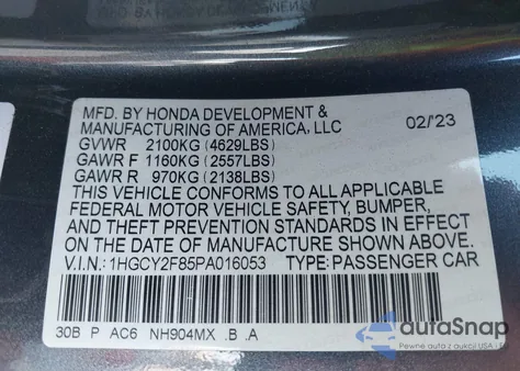 2023 Honda Accord Touring Hybrid z USA, uszkodzony, nr VIN 1HGCY2F85PA016053